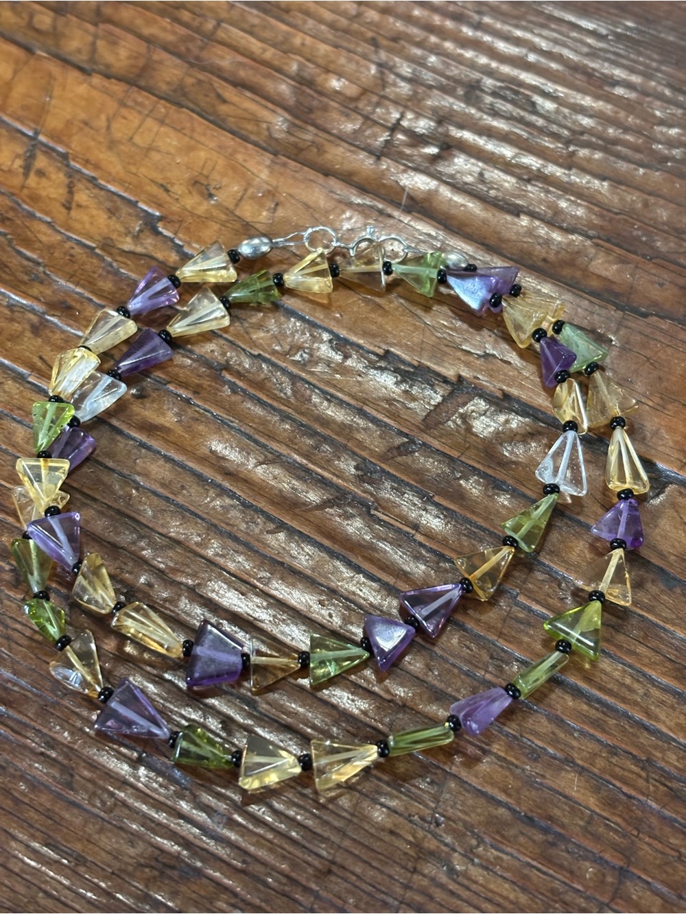 Handmade Triangular Bead Necklace in Purple, Green, and Yellow